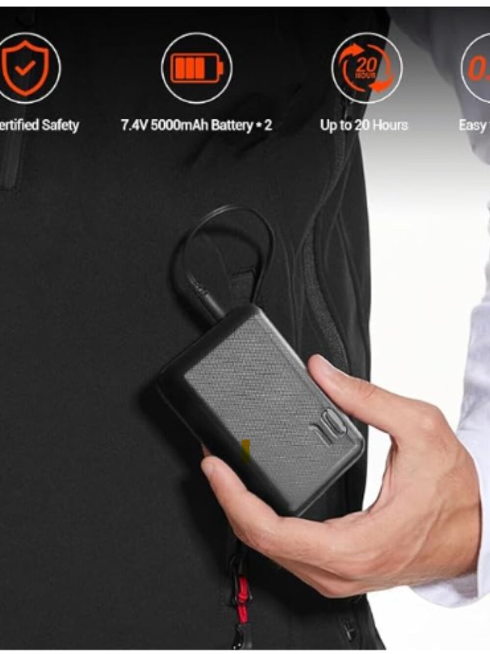7.4V Fleece Heated Vest for Men with Heating Hood Heated Hoodie Extra Battery - Picture 3 of 11